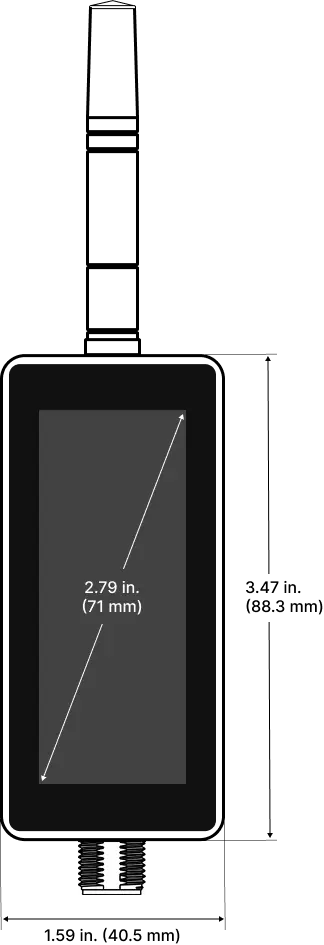 Front view drawing of BeamTracker: housing 3.47 in (88.3 mm) tall and 1.59 in (40.5 mm) wide, screen 2.79 in (71 mm) diagonal