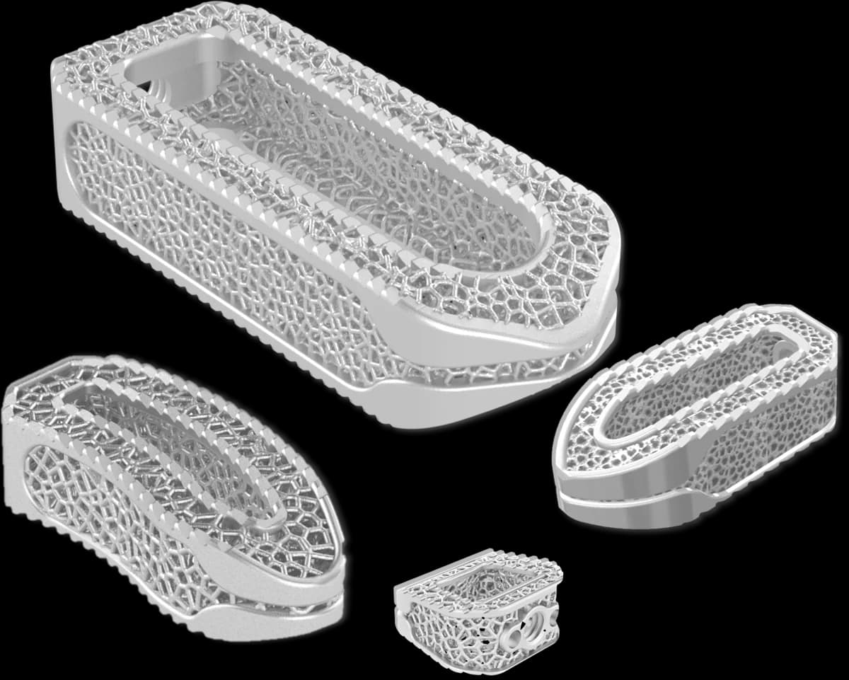 MiRus 3DR interbody spinal implants, with their porous lattice walls, tinted in the card's blue