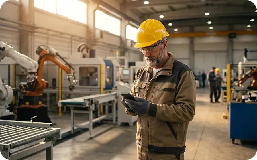 A man in a yellow hard hat and safety glasses reads his phone on a shop floor lined with CNC machines and robot arms