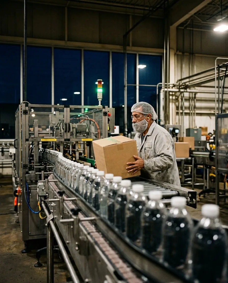 On a night shift at a bottling plant, a line lead in a hairnet and beard net lifts a sealed case off the end of a line as filled bottles stream down the conveyor