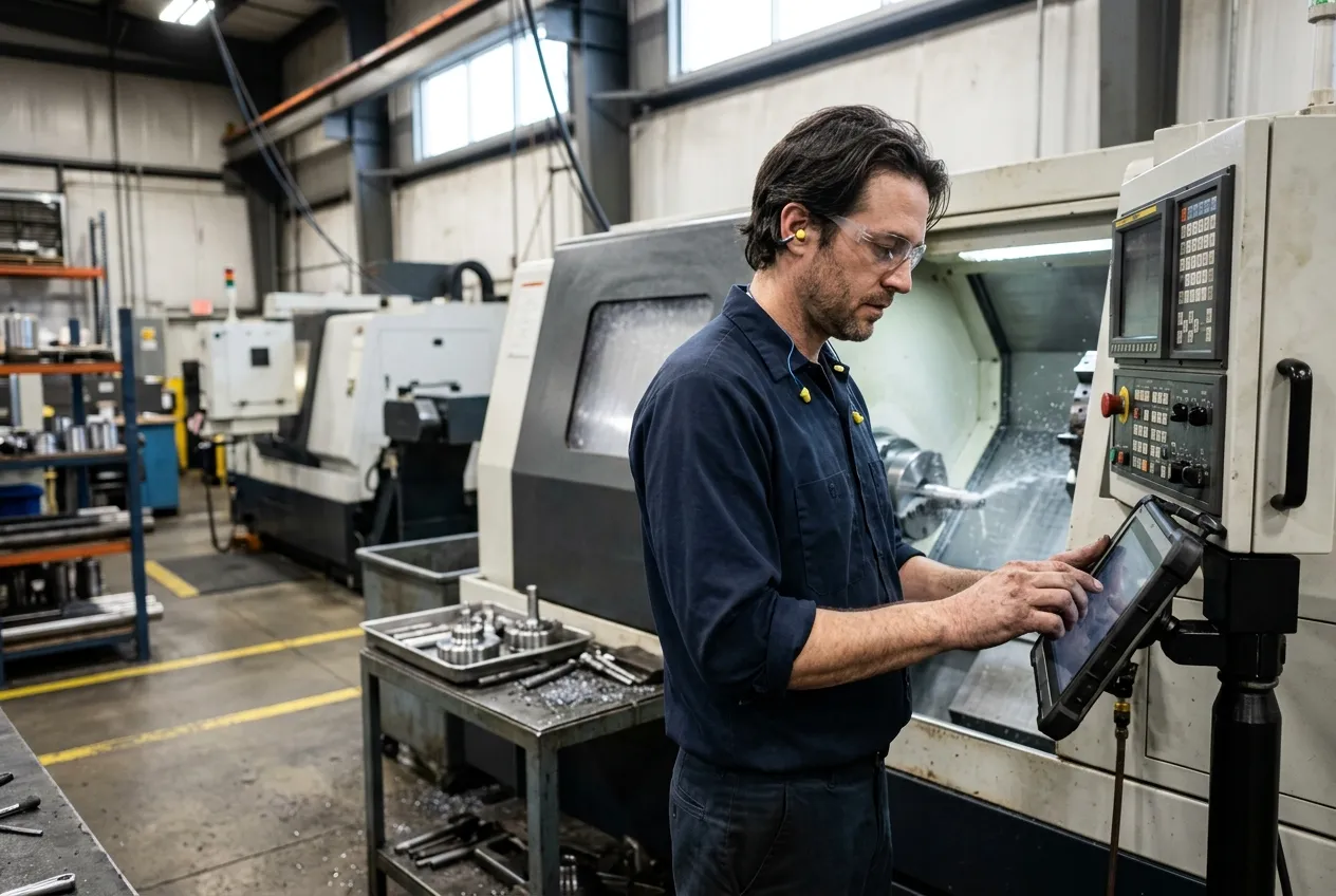A machinist in safety glasses and ear plugs taps a tablet mounted on a pole beside his CNC lathe, with more machines and parts racks behind him