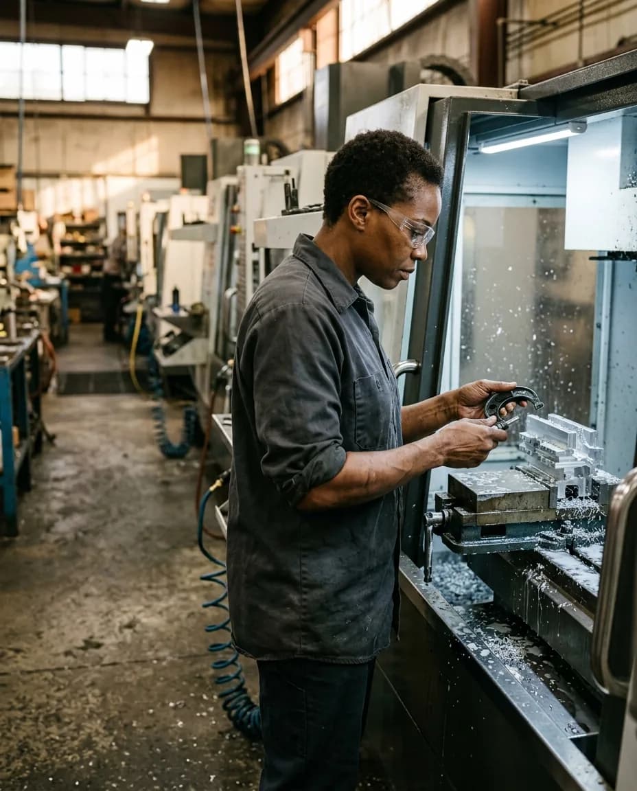 A machinist in safety glasses measures a freshly machined aluminum part with a micrometer at the open door of a vertical machining center