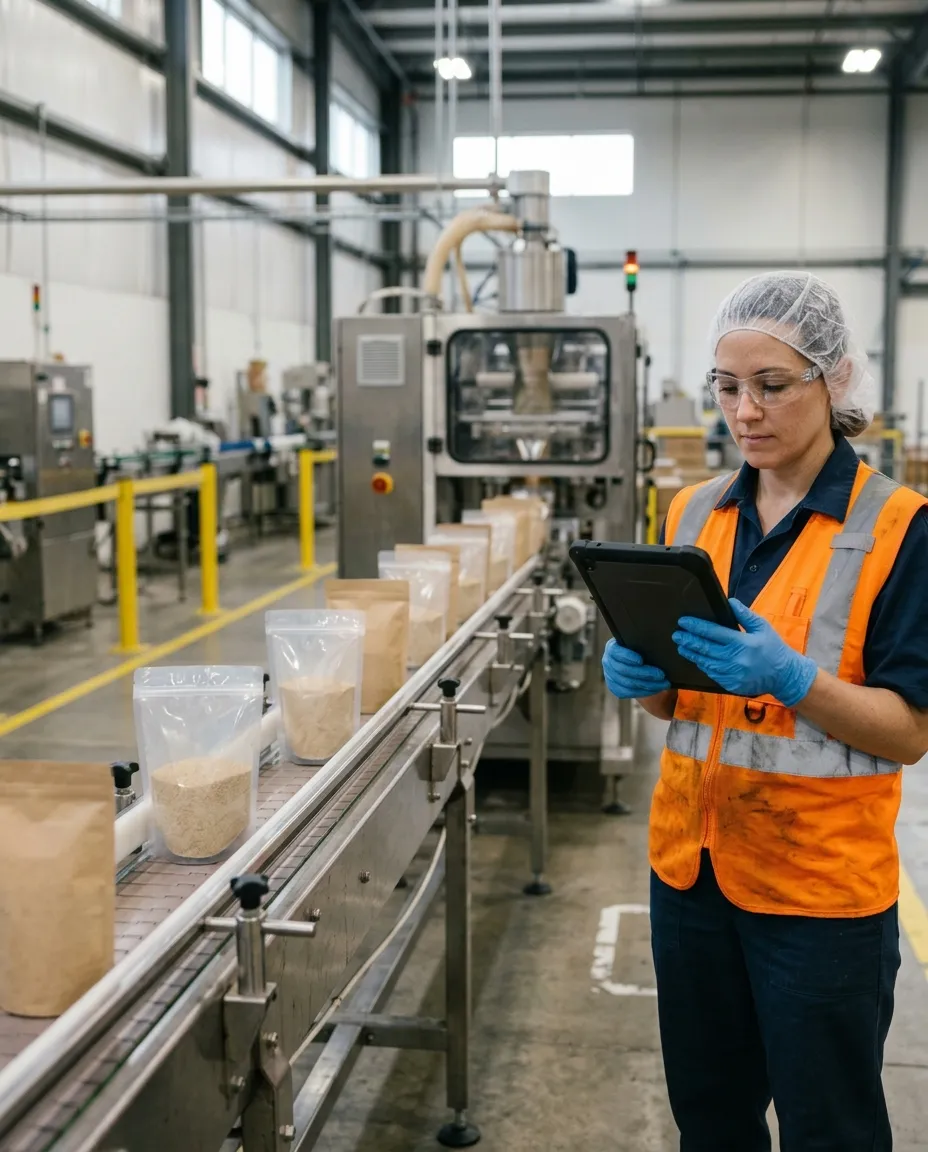 A production operator in a hairnet, safety glasses and a hi-vis vest checks a tablet beside a packaging line, with filled pouches moving down the conveyor