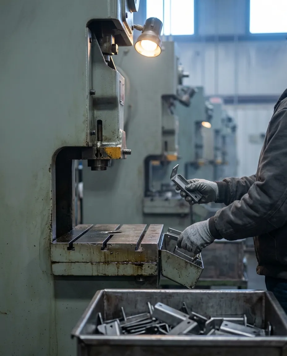 A press operator in grey work gloves lifts a freshly stamped steel bracket from the chute of a gap-frame stamping press, above a bin of finished brackets