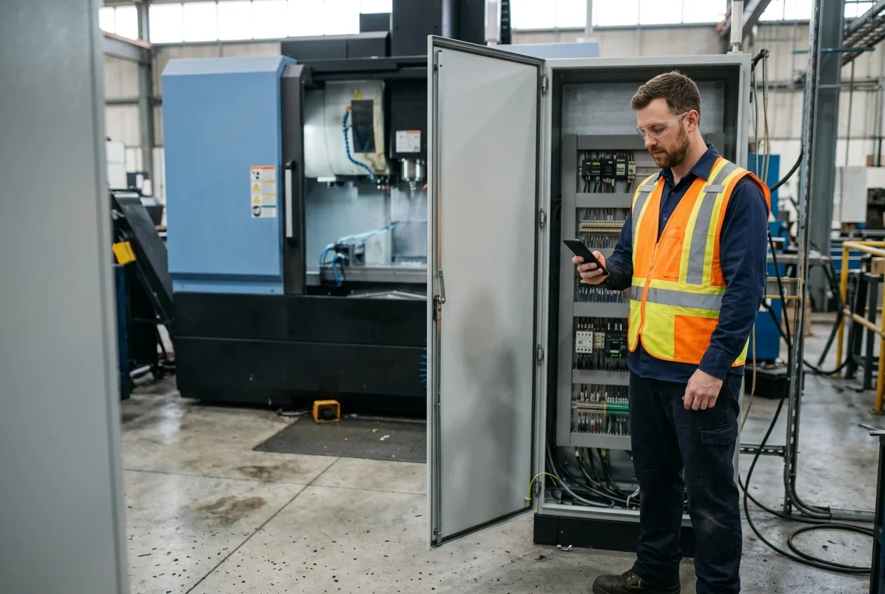 A maintenance technician in safety glasses and a hi-vis vest reads his phone beside an open electrical cabinet next to a CNC machining center