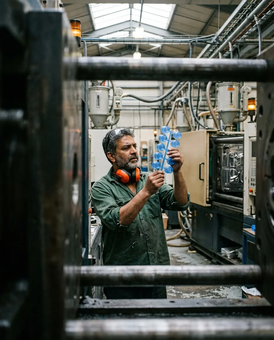 A process technician with ear defenders around his neck holds a freshly molded runner of blue caps up to the light between the tie bars of an injection molding press