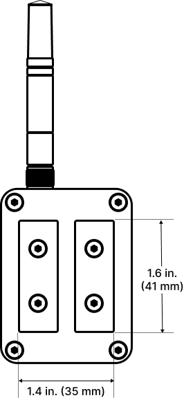 Back view drawing of SenseAi Embedded: two magnetic pads span 1.6 in (41 mm) by 1.4 in (35 mm), between four corner screws