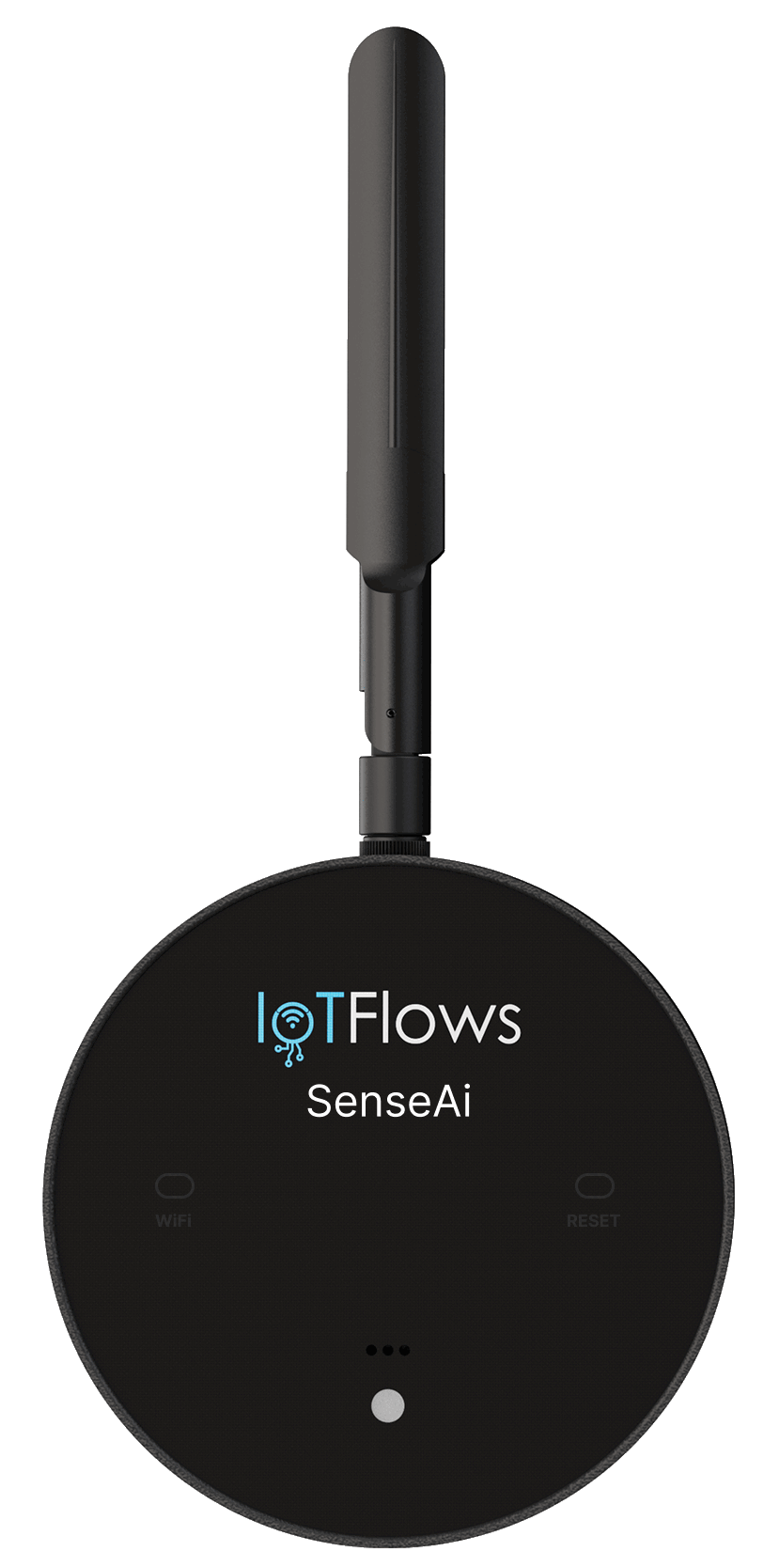 A SenseAi seen from the front, antenna up, with the status LED below the WiFi and RESET buttons blinking blue